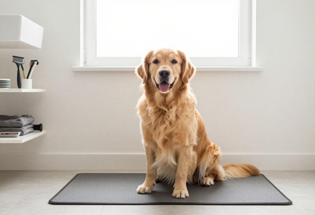 A golden retriever being groomed at home with organized tools and a non-slip mat in a clean bathroom setting.