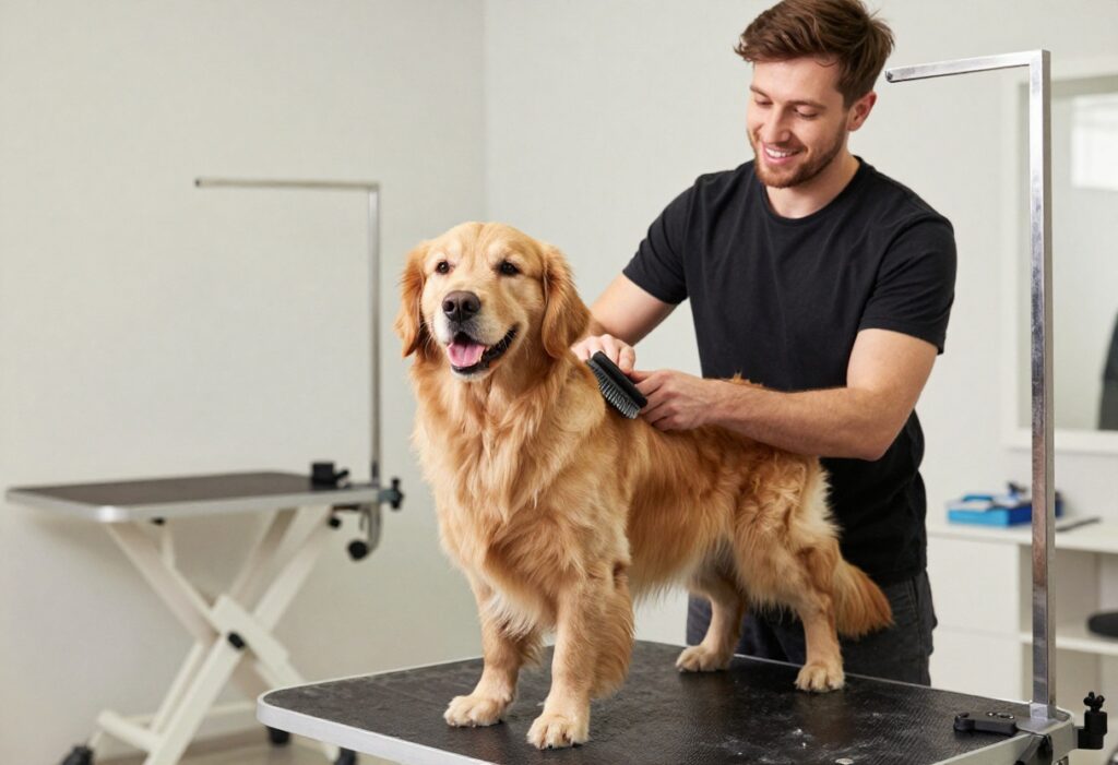 A groomer brushing a golden retriever in a clean, modern dog grooming salon