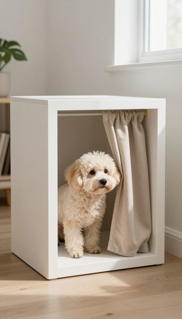 Wall-mounted dog cubby in a bright small living room with a small dog peeking out from behind a curtain