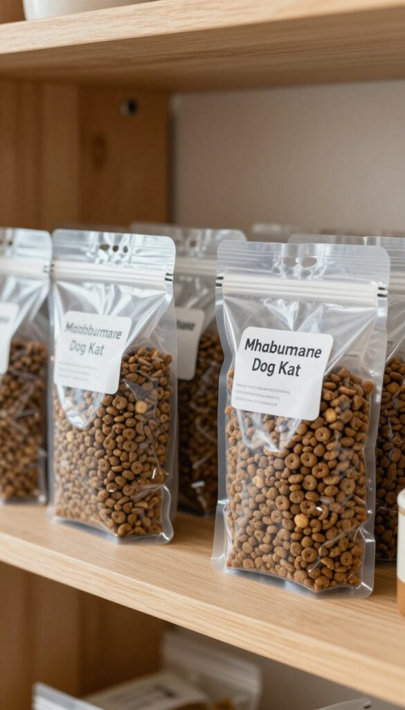 A vacuum-sealed bag of dog food stored compactly on a pantry shelf for long-term freshness