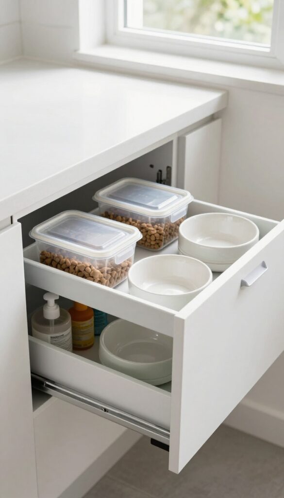A pull-out drawer under a kitchen sink storing dog food and bowls in a tidy, space-saving setup for small kitchens.