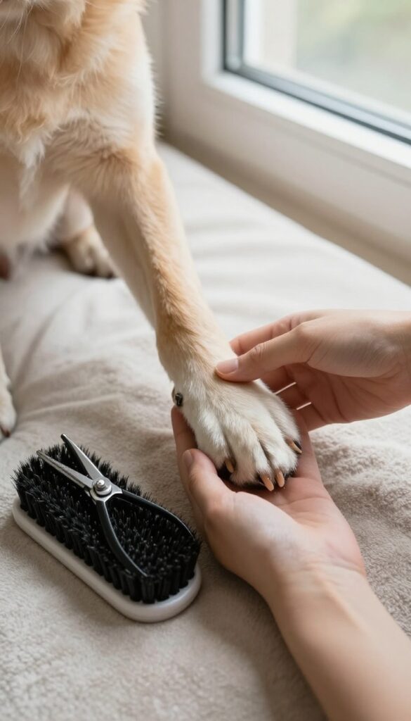 Close-up of a dog's paw being groomed for safety and comfort, with trimmed fur and clean paw pads in natural light