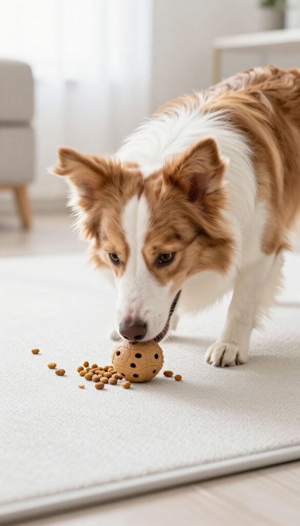 A Border Collie interacts with a treat-dispensing toy during mealtime, illustrating mental stimulation for dogs in a bright, natural home setting.