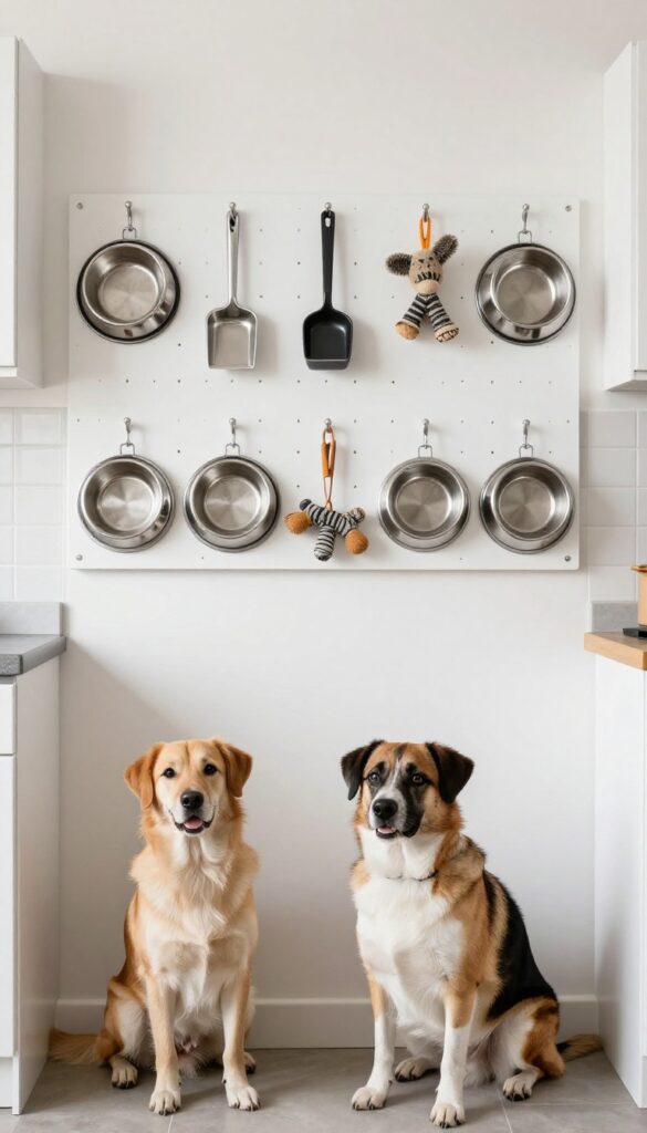 A DIY dog food station featuring a pegboard organizer with hanging bowls and supplies on hooks against a tiled kitchen wall.