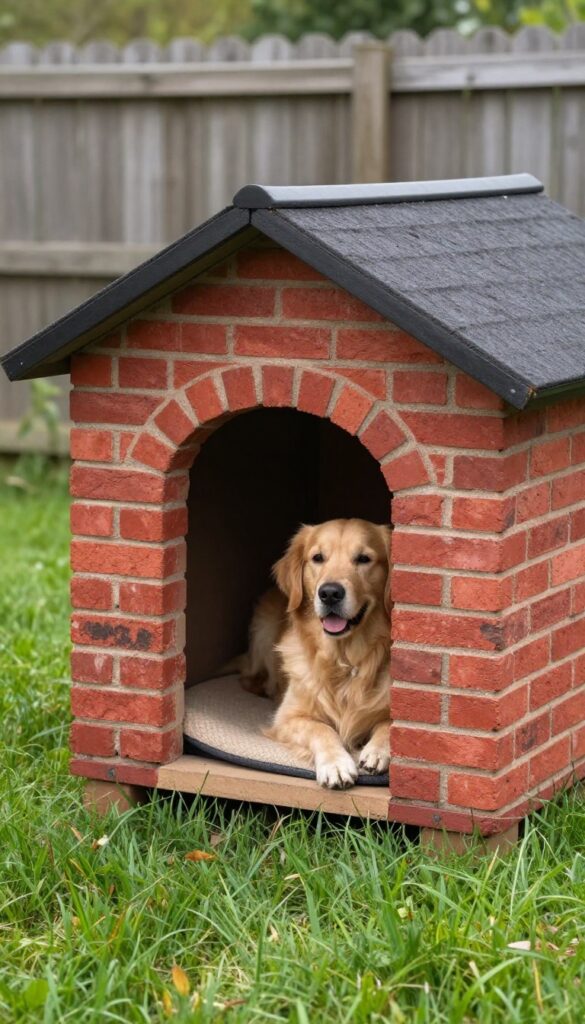 Brick dog house with porch overhang and dog resting in shade