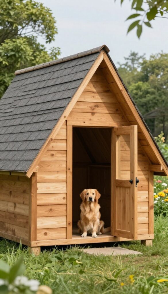 Classic A-frame dog house in backyard with golden retriever