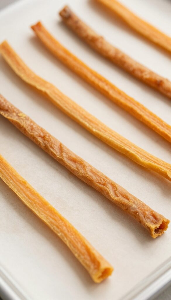 Close-up of homemade sweet potato chew strips for dogs, arranged on a baking tray, showcasing their chewy texture and golden-brown color in natural light.