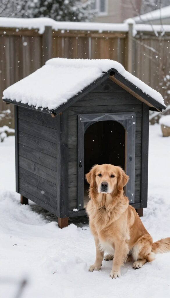 Weatherproof dog house with raised floor and rubber flap in snowy backyard