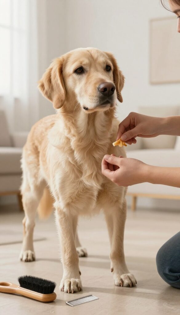 A person rewarding a calm dog with a treat during home grooming in a bright, natural setting.