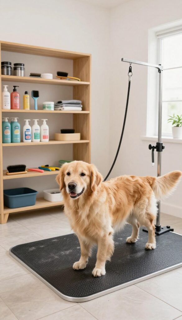 A backyard grooming shed setup for dogs, with a Golden Retriever in a clean, organized space featuring tile floors, grooming supplies, and natural light.