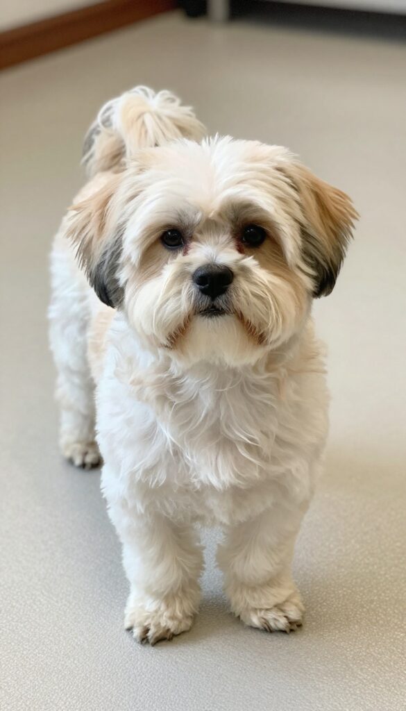 A Shih Tzu with a short back and sides and fluffy top grooming style, showcasing a neat yet playful look in bright natural lighting.