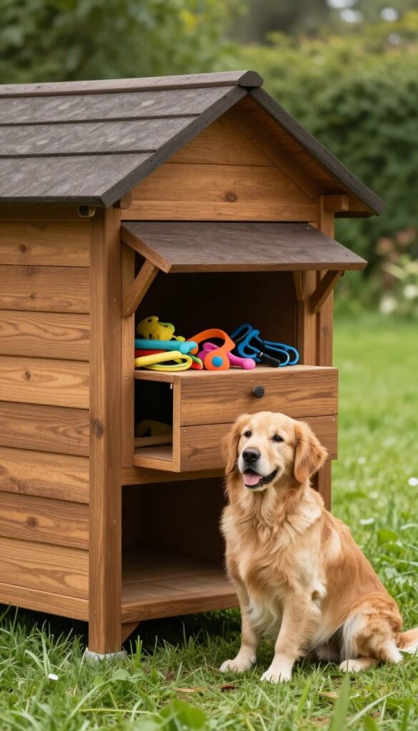 Large wooden dog house with built-in storage compartment in a sunny backyard, Golden Retriever sitting beside it.