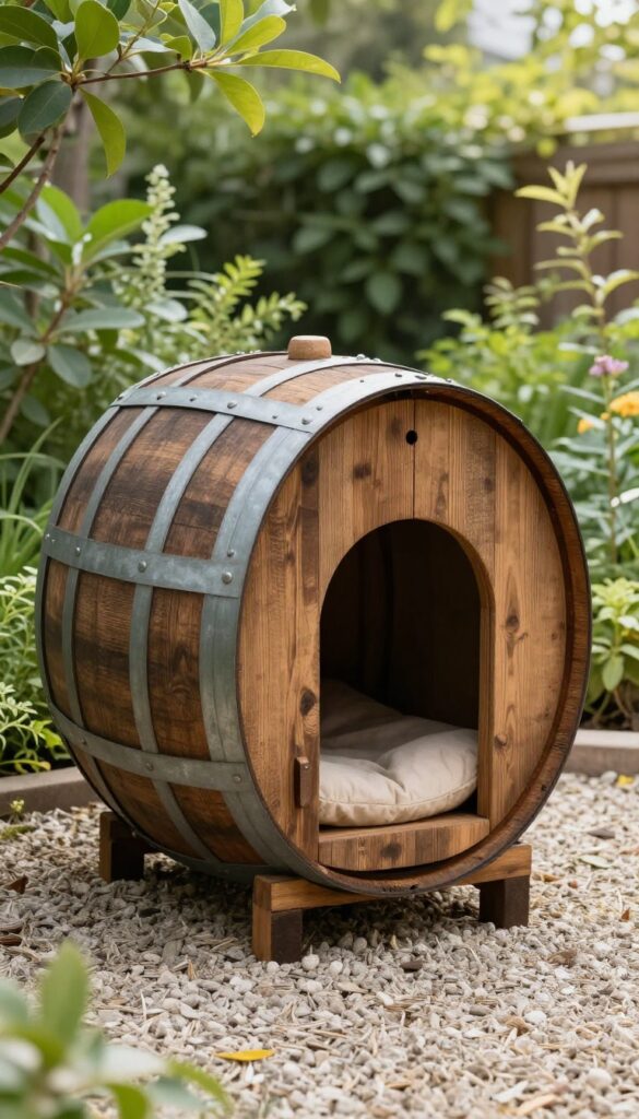 A half whiskey barrel dog house in a sunny garden with gravel base and plants