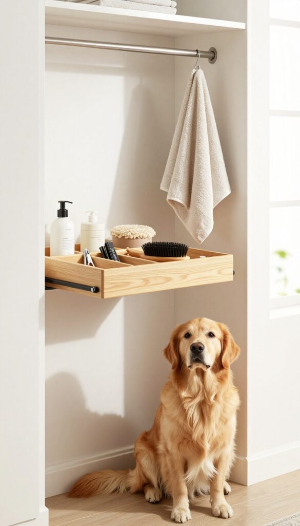 Pull-out grooming tray in closet with dog and organized tools