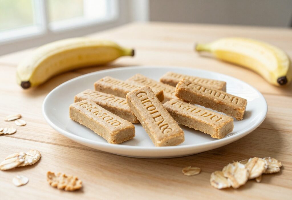 Homemade vegan dog treats, including soft peanut butter oat training bites, arranged on a white plate with oats and banana slices, photographed in natural light for a dog recipe blog.
