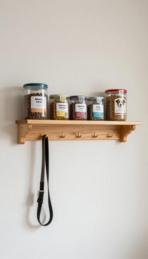 A wall-mounted shelf with hooks holding dog food containers and a leash, set against a bright, clean wall in a home.
