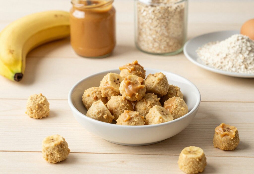 A bowl of soft peanut butter banana dog treats with ingredients like banana, peanut butter, oat flour, and egg, arranged on a wooden surface for a quick homemade recipe.
