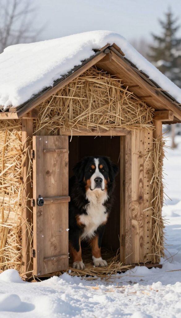 Straw-bale dog house in snow with Bernese Mountain Dog