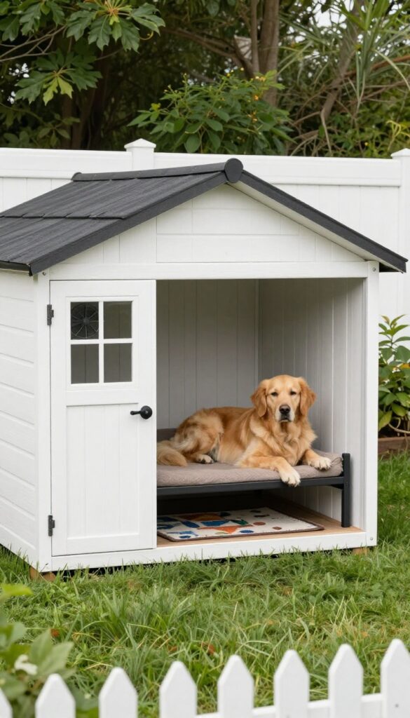 Repurposed garden shed dog kennel with white paint, dog door, window, fan, elevated bed, and golden retriever inside.