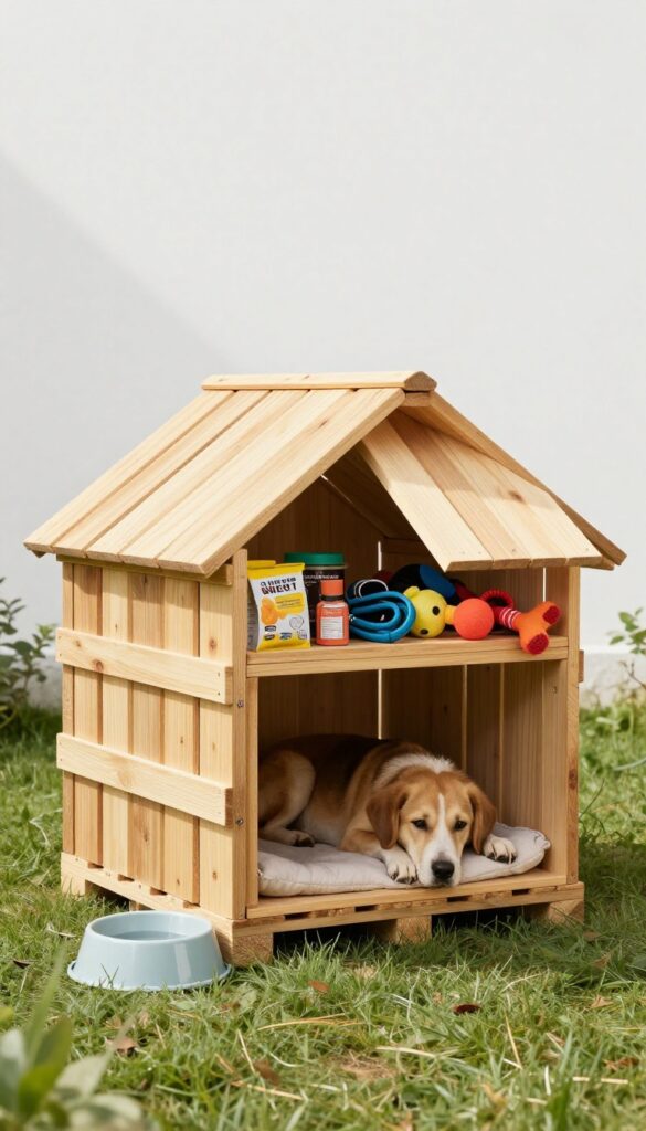 Pallet dog house with built-in storage compartment holding leashes and toys, dog resting beside it in sunny backyard.