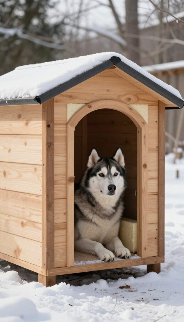 Double-wall insulated dog house with a Husky sitting inside, showcasing rigid foam insulation and wooden construction in a snowy setting.