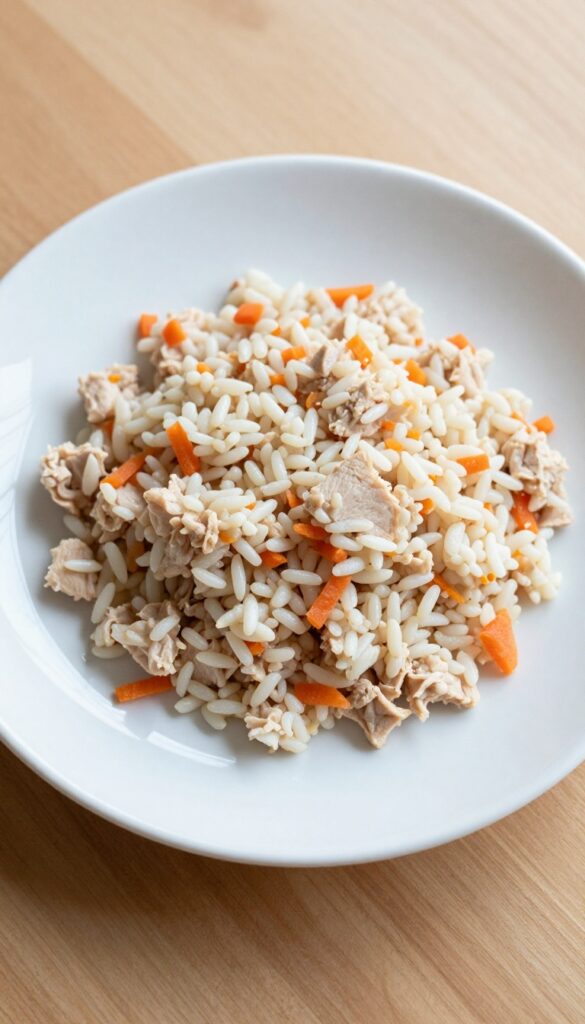 Homemade turkey rice tender treat squares for dogs, soft and gentle, arranged on a plain white plate, ideal for puppies and senior dogs with simple ingredients.