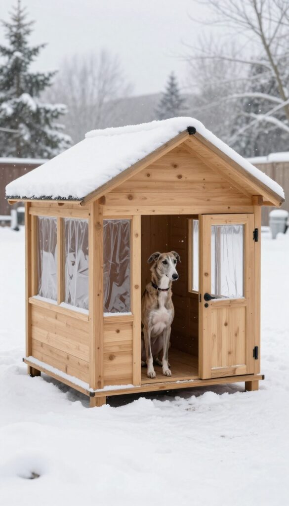 Insulated dog house with porch and windbreak in snowy backyard