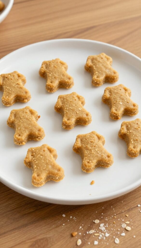 Homemade sourdough peanut butter soft bites for dogs, arranged on a white plate with natural ingredients visible, in a bright, clean kitchen setting.