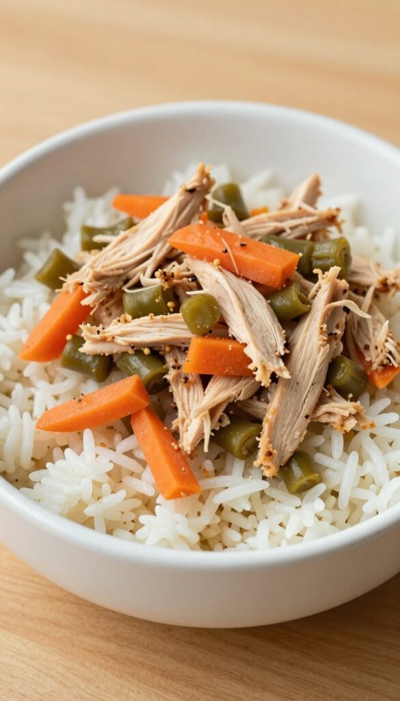 A bowl of homemade chicken and rice dog food with carrots and green beans, designed for dogs with sensitive stomachs, shown in a clean, natural setting.