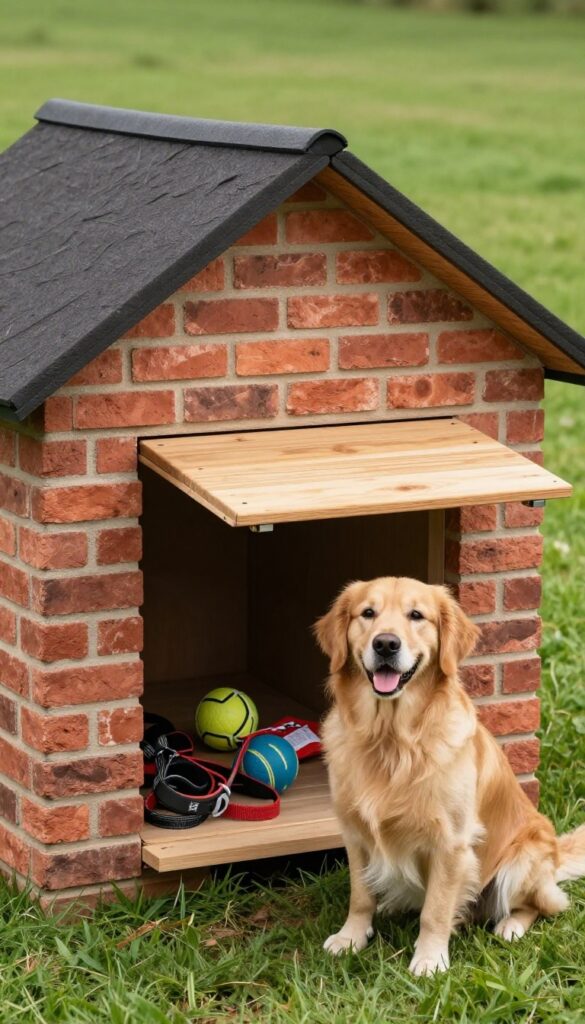 Brick dog house with storage compartment in backyard