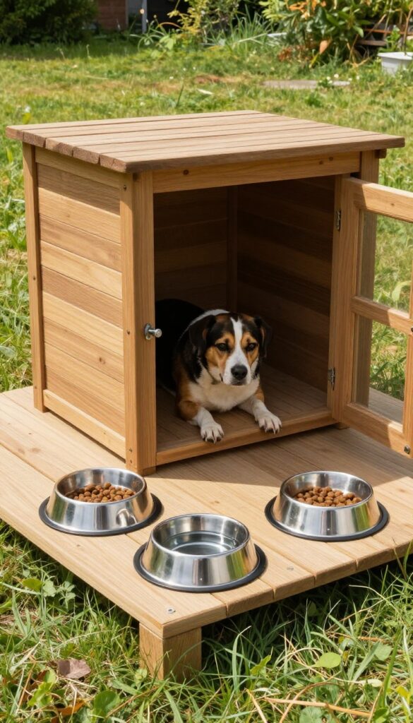 Dog house with built-in feeding station featuring three elevated bowls on a covered porch