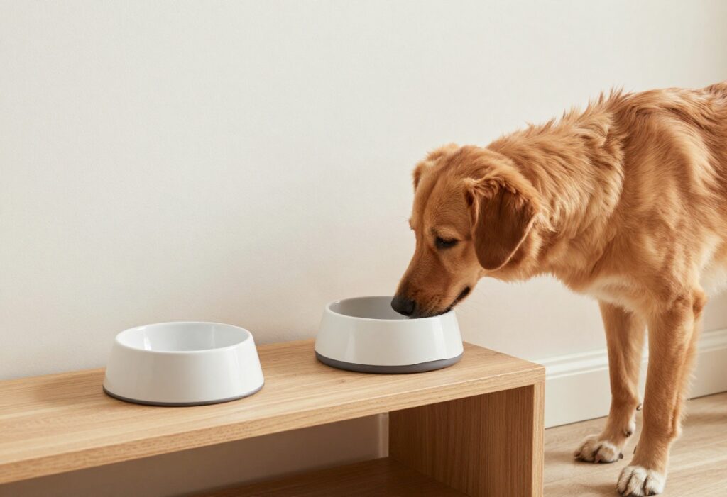 Stylish dog food storage setup with airtight container and bowl in a tidy home corner