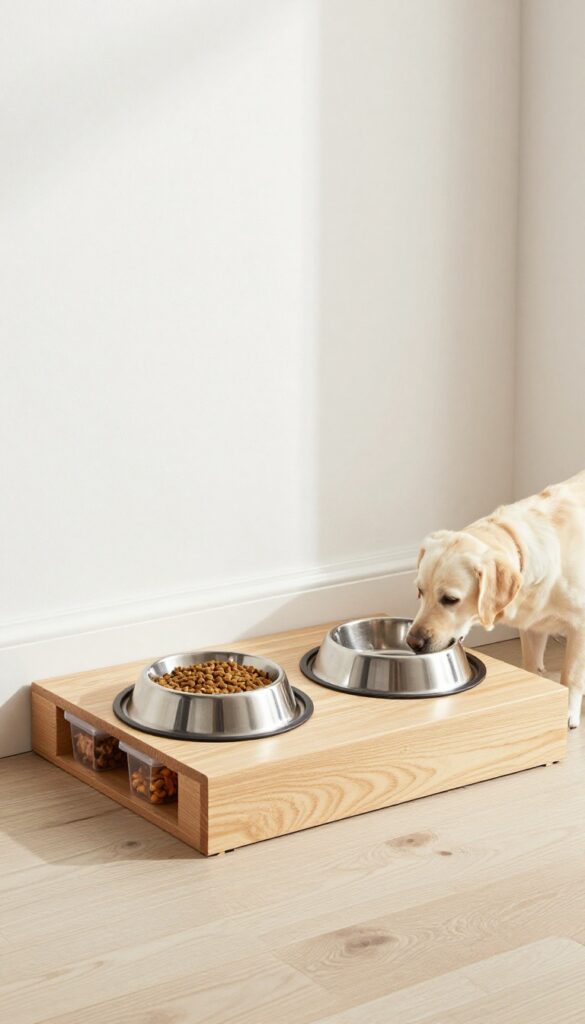 A photorealistic image of an elevated dog feeding station with built-in storage, showing a Labrador Retriever eating from raised bowls on a wooden platform with hidden compartments for food and treats in a clean, organized home setting.