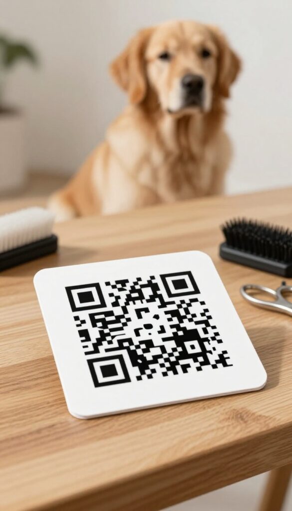 A dog grooming business card with a QR code on a wooden table, featuring a golden retriever in the background, showcasing convenience and professionalism for pet owners.