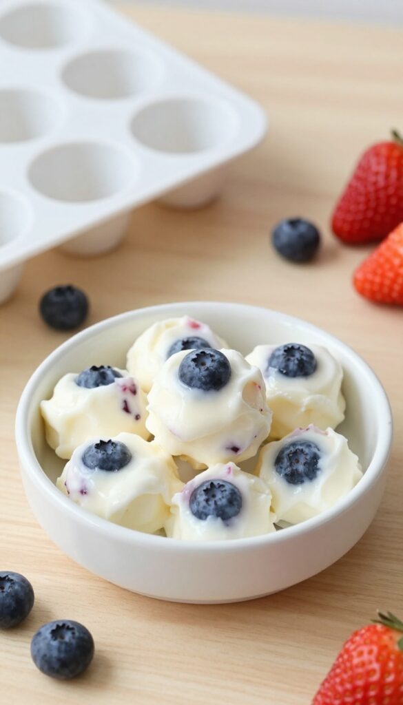 A bowl of frozen yogurt berry bites for dogs, with blueberries and strawberries, on a plain wooden table, showing homemade dog treats in a clean, natural setting.