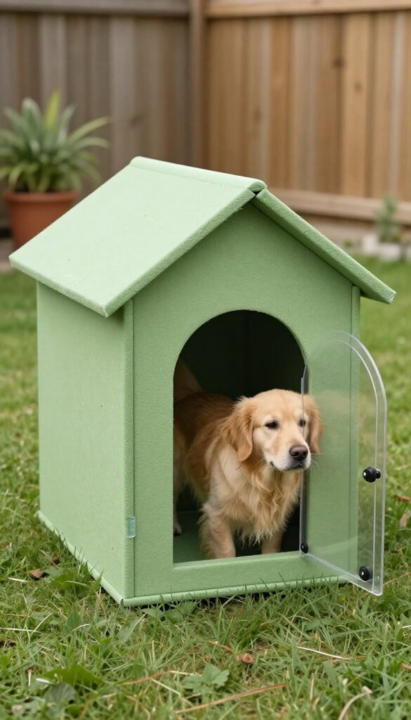 Insulated foam board dog house painted green with a golden retriever entering, on grass in a sunny backyard.