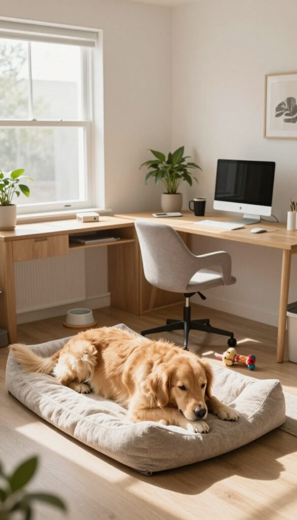 Cozy dog bed under desk in home office nook