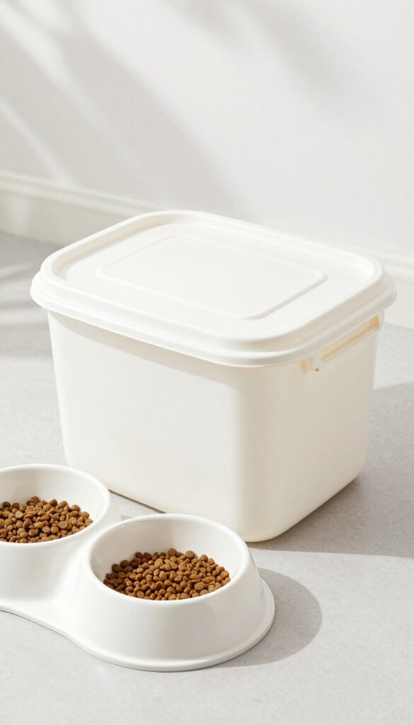 A sealed DIY dog food station made from a plastic bin with cut-outs for bowls, keeping kibble fresh and minimizing mess in a clean home setting.