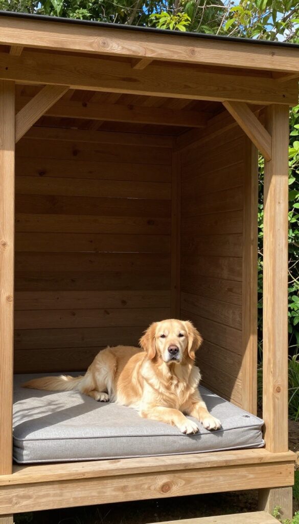 Dog house with a covered porch in a backyard, with a golden retriever lounging on a cushion on the porch.