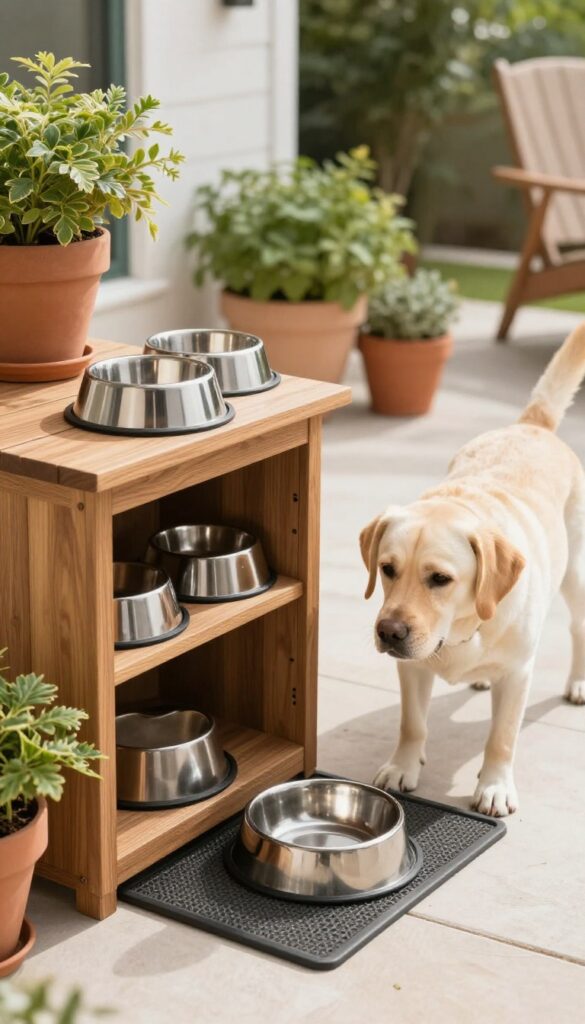 Outdoor patio cabinet with weather-resistant built-in bowls for dog feeding, featuring a Labrador in a backyard setting.