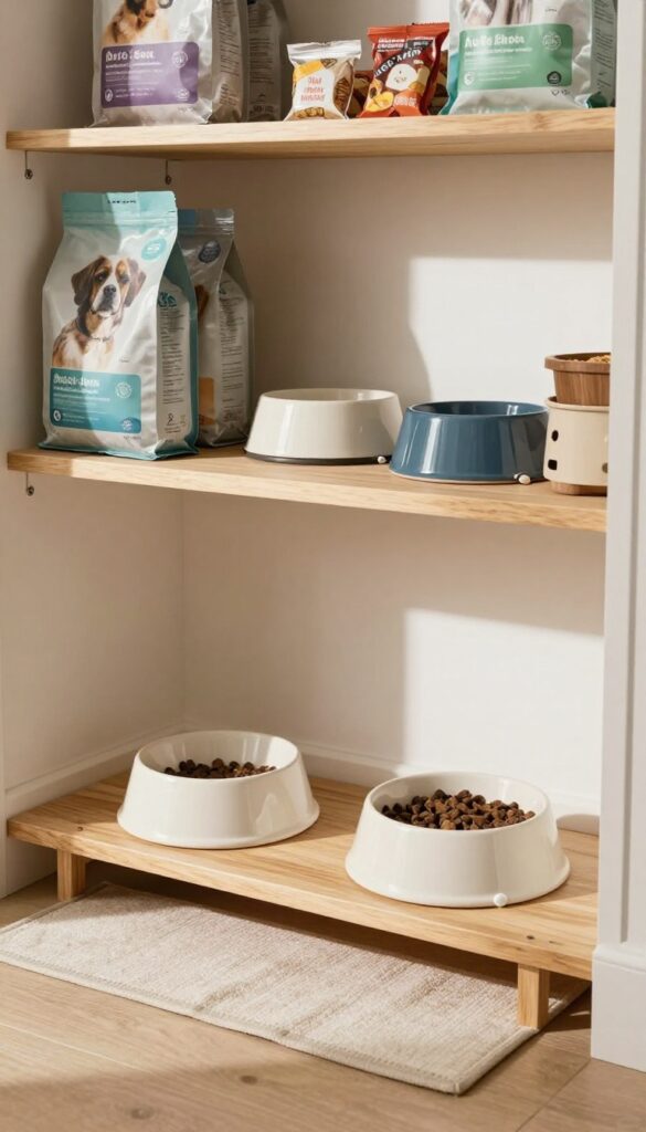 Dog feeding station inside a closet with elevated bowls and organized supplies
