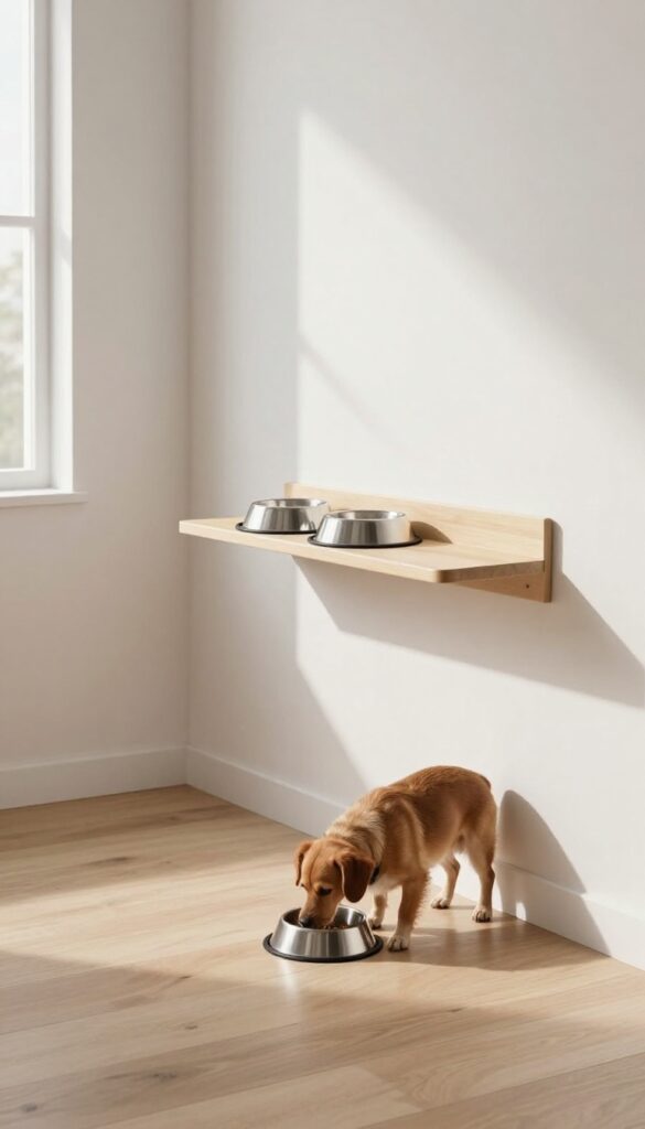 Wall-mounted dog feeding station in a bright apartment kitchen with a dog eating from elevated bowls