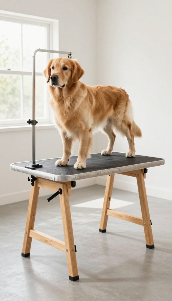 A DIY adjustable dog grooming table with padded top on sawhorses in a bright room, featuring a calm Golden Retriever standing on it for easy home use.