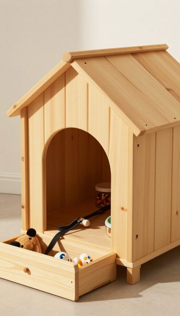 Dog house with built-in storage compartment on side, open revealing toys and leashes, on a sunny patio.
