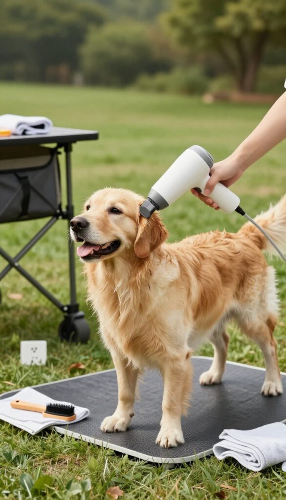 A portable dog dryer quietly drying a calm dog during a mobile grooming session in natural light