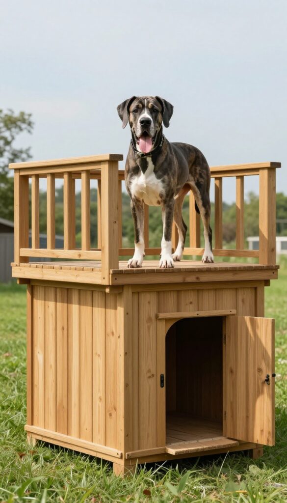 Two-story dog house for giant dogs with Great Dane on upper deck in sunny backyard