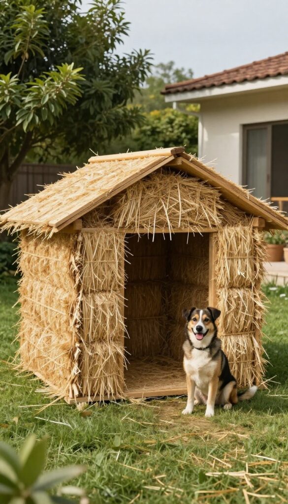 A straw bale dog house in a sunny backyard with a dog sitting next to it