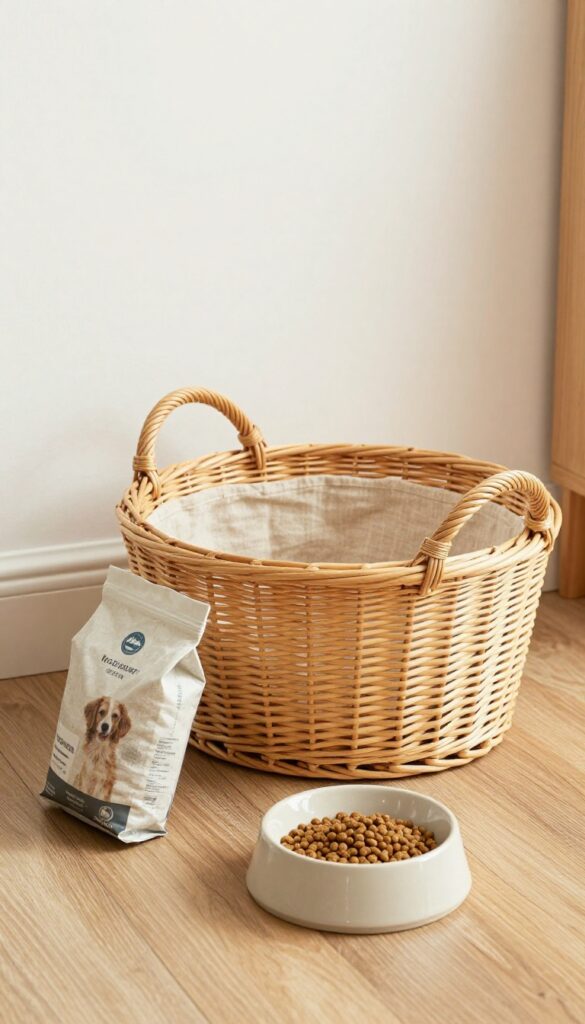 A decorative basket containing a bag of dog kibble, set up in a tidy feeding area with ceramic bowls, illustrating a stylish and practical storage solution for dog food.