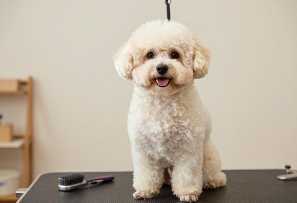 A happy Maltipoo with a cute haircut in a home grooming setup, surrounded by grooming tools.