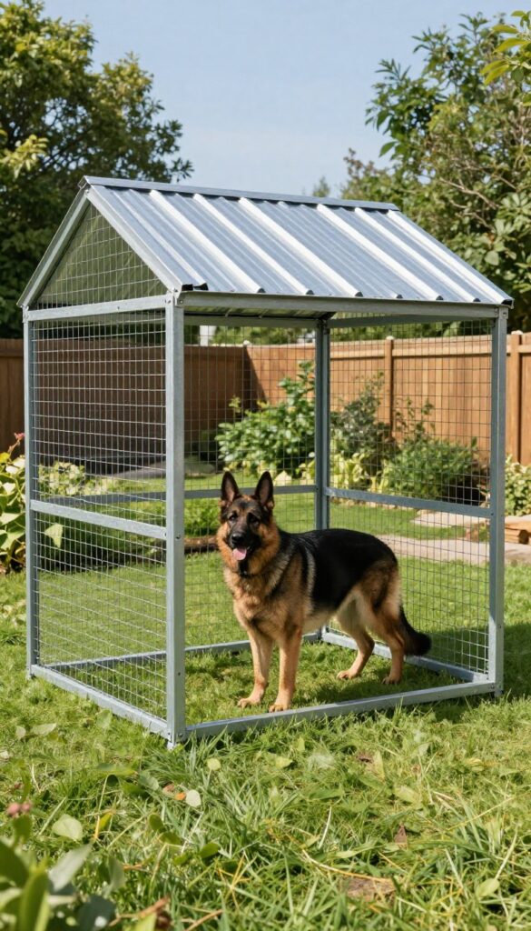 Heavy-duty steel dog kennel with metal roof in sunny backyard, German Shepherd inside, photorealistic dog blog photography